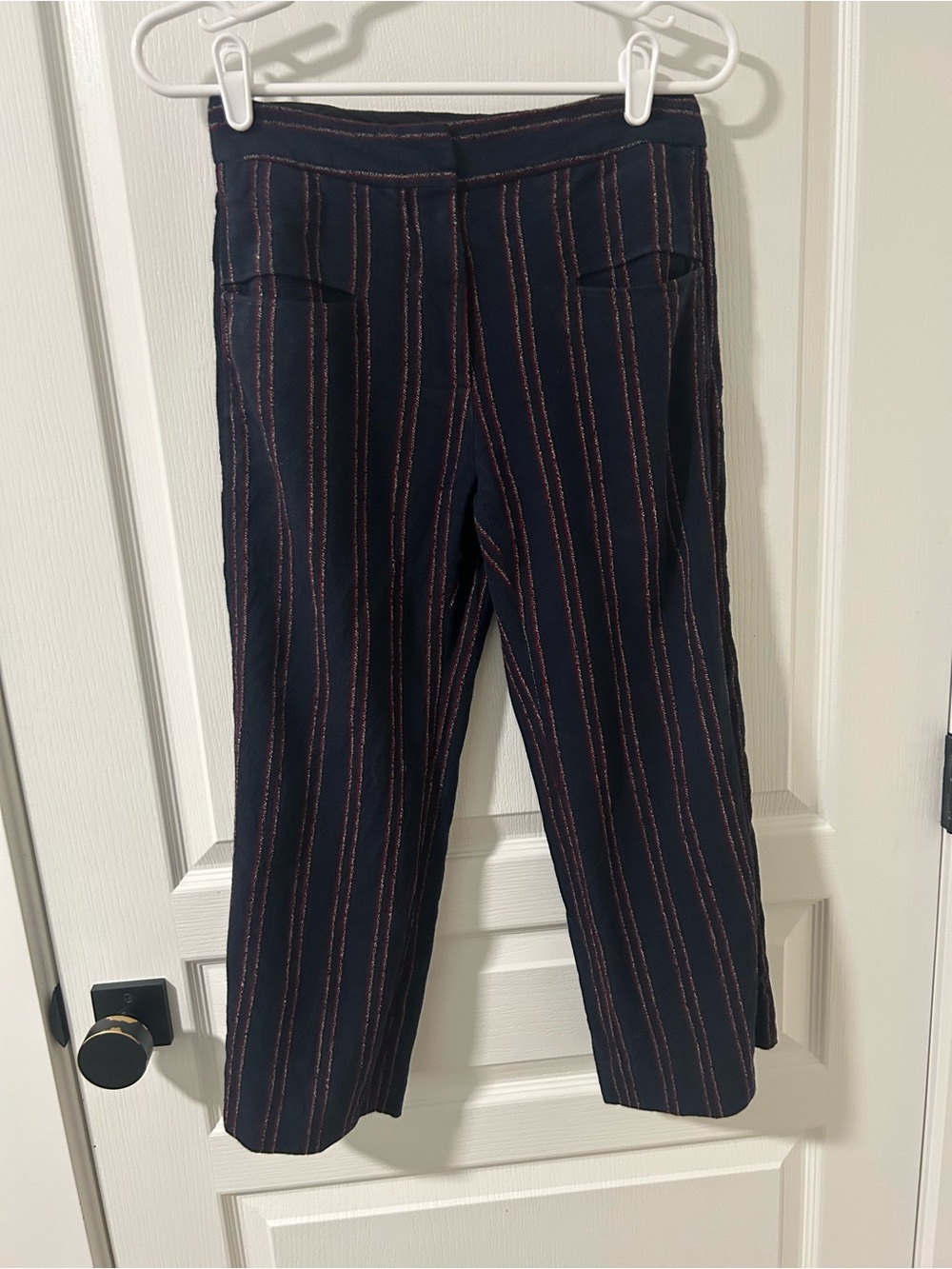 Carven Textured Navy Trousers with Red Pinstriped Detail